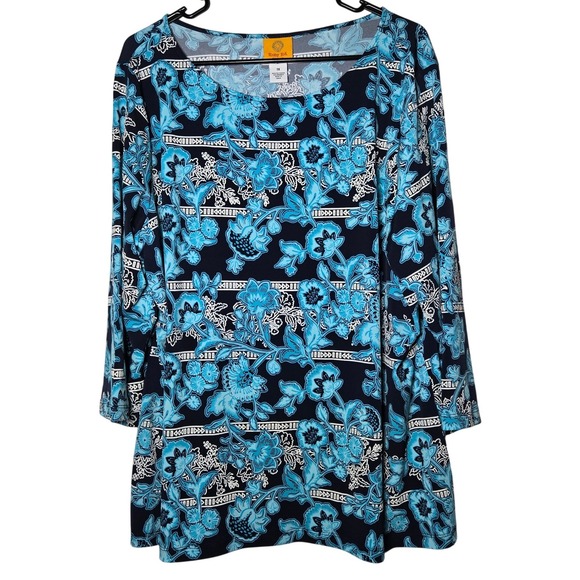 Ruby Rd. Tops - Ruby‎ Rd Blue Floral Top Plus 1X Boho Stretch Coastal Tropical Casual Bright